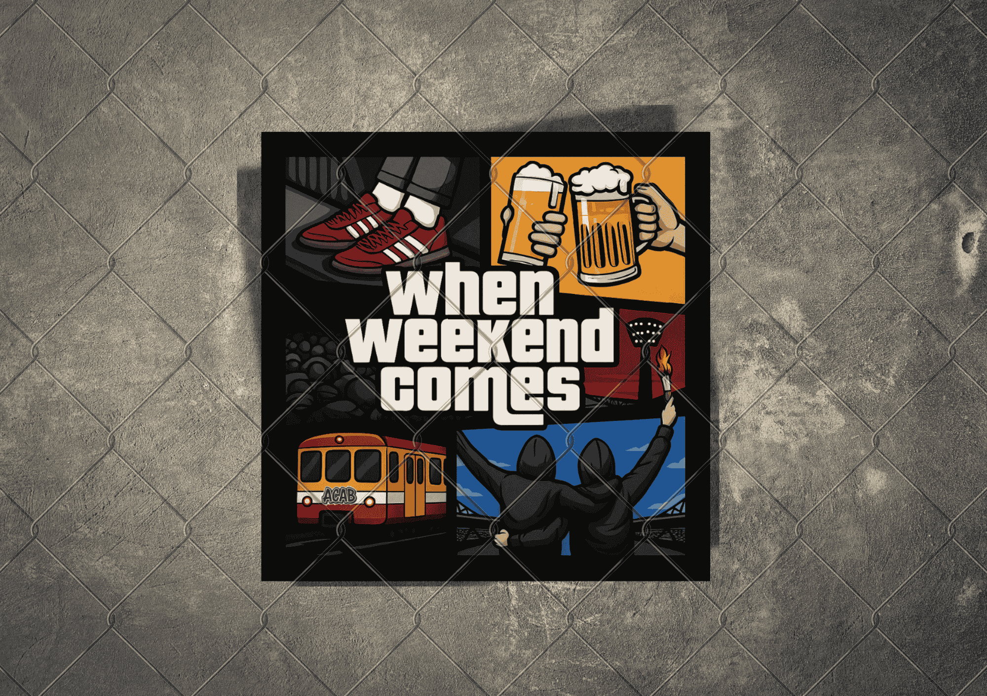 Comic-Sticker „When Weekend Comes“ mit Zug, Bier, Fans & Stadion – Fußball-Aufkleber im GTA-Stil