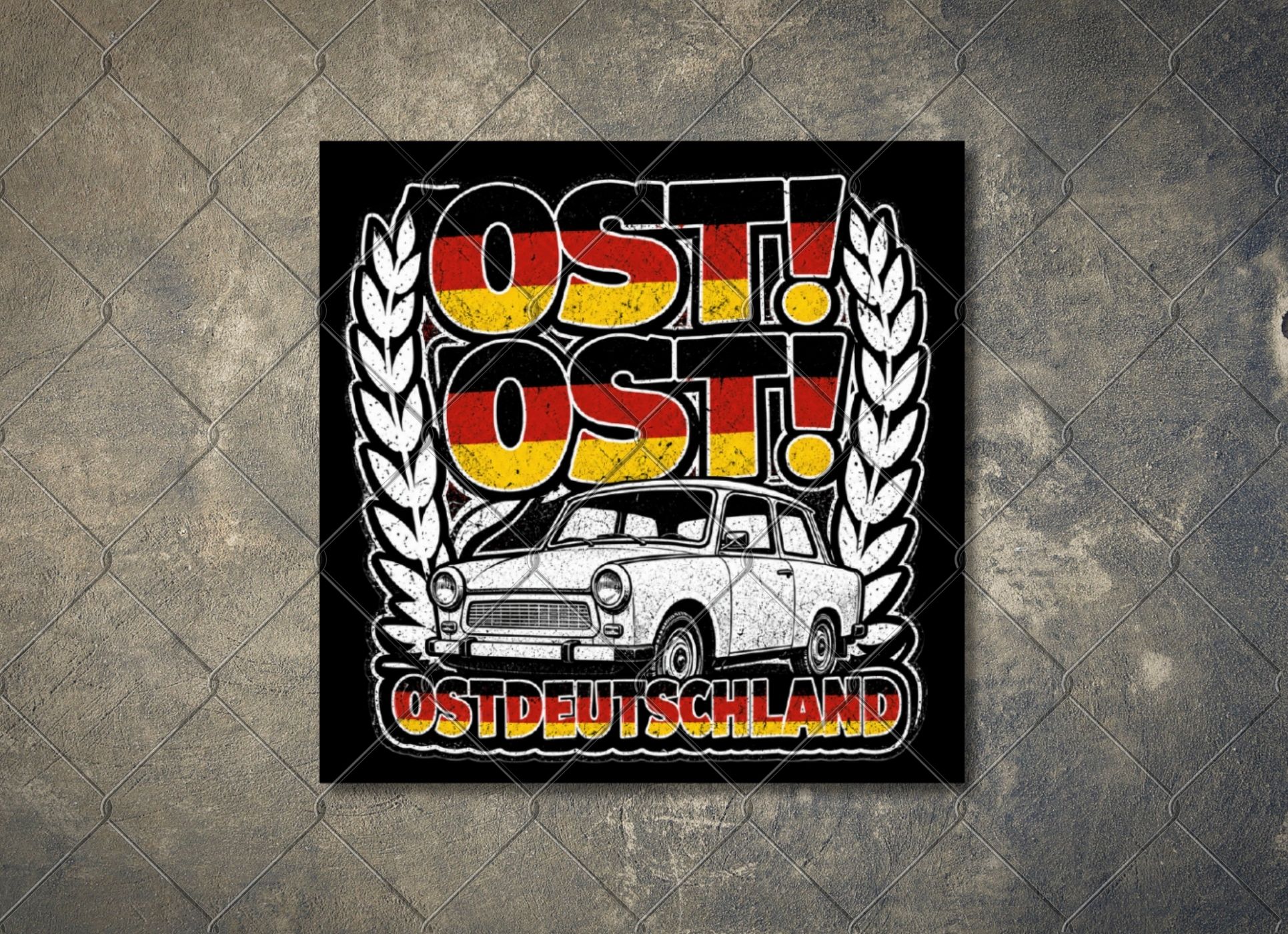Aufkleber "OST! OST! Ostdeutschland – Trabi"  (8x8cm)
